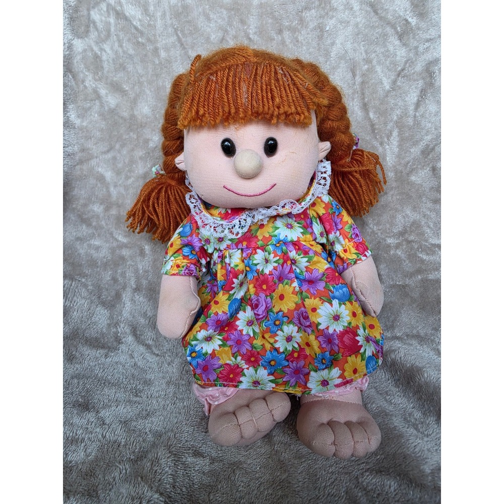 Vintage Gemmy Industries Rag Doll Orange Yarn Hair Floral Dress 33400 Animated